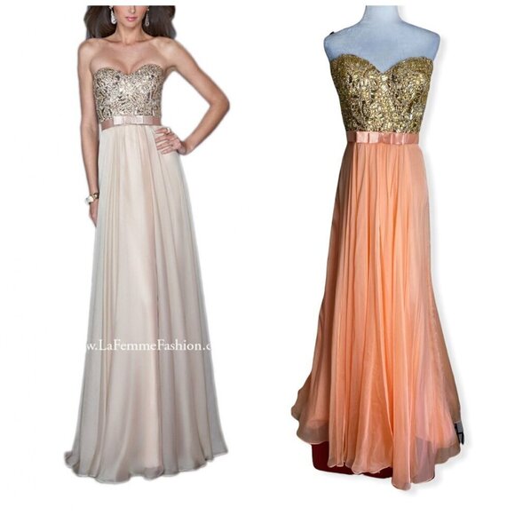 La Femme $480 NWT 19282 Apricot Beaded Chiffon Strapless Formal Gown Sz 14 - Picture 1 of 16